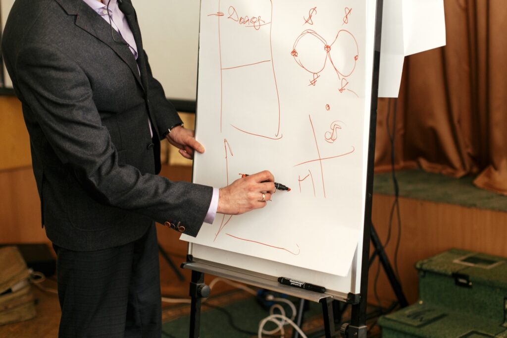 elegant speaker lecturer drawing charts at white board